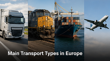 Différents types de transport en Europe : camion, utilitaire, navire porte-conteneurs, train de fret, comparaison logistique