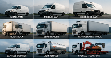 Différents véhicules de transport de fret en Europe, y compris utilitaires, camions et semi-remorques