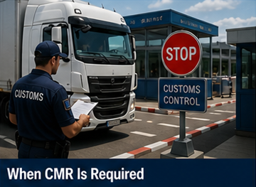 Camion à une frontière européenne avec un chauffeur présentant des documents de transport, dont le CMR