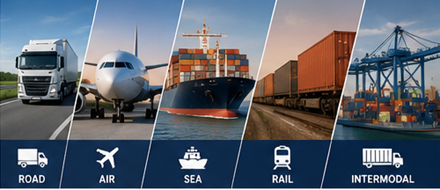 Différents modes de transport de fret incluant camion, avion, navire porte-conteneurs et train de marchandises