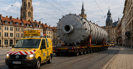 Transport de cargaison hors gabarit circulant dans des rues étroites de villes européennes