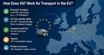 Concept de TVA européenne pour les prestations de transport montrant la logistique transfrontalière et les règles fiscales