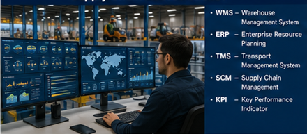 Coordinateur logistique en entrepôt supervisant les stocks et les opérations de supply chain sur des écrans numériques