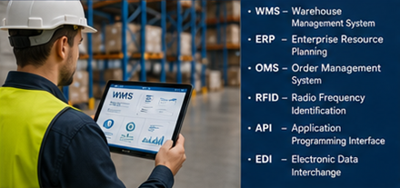 Employé d’entrepôt utilisant un logiciel de gestion d’entrepôt avec lecture de codes-barres et suivi des stocks
