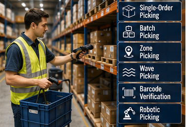 Employé d’entrepôt prélevant des produits sur des étagères pour des commandes clients