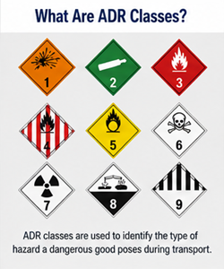 Vue d’ensemble des classes de danger ADR avec étiquettes de marchandises dangereuses et catégories de transport