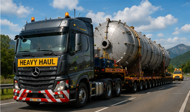 Convoi de transport lourd transportant une charge industrielle hors gabarit sur une autoroute européenne