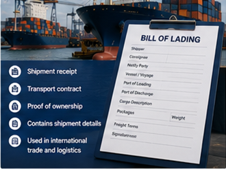 Document de transport (Bill of Lading) avec conteneurs et opérations logistiques