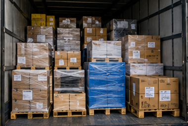Expédition en groupage avec camions de fret partagés, chargements mixtes sur palettes et distribution logistique en Europe
