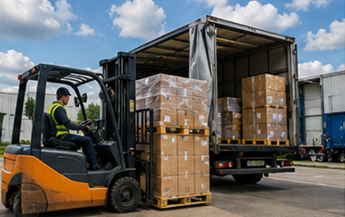 Transport de palettes avec palettes empilées, chariots élévateurs, camions logistiques et opérations de fret en entrepôt
