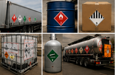 Étiquettes ADR affichées sur des colis, camions et conteneurs de marchandises dangereuses