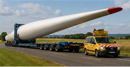 Pales d’éoliennes et équipements d’énergie renouvelable transportés par des camions de transport lourd