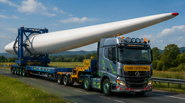 Remorque spécialisée transportant une pale d’éolienne à travers l’Europe